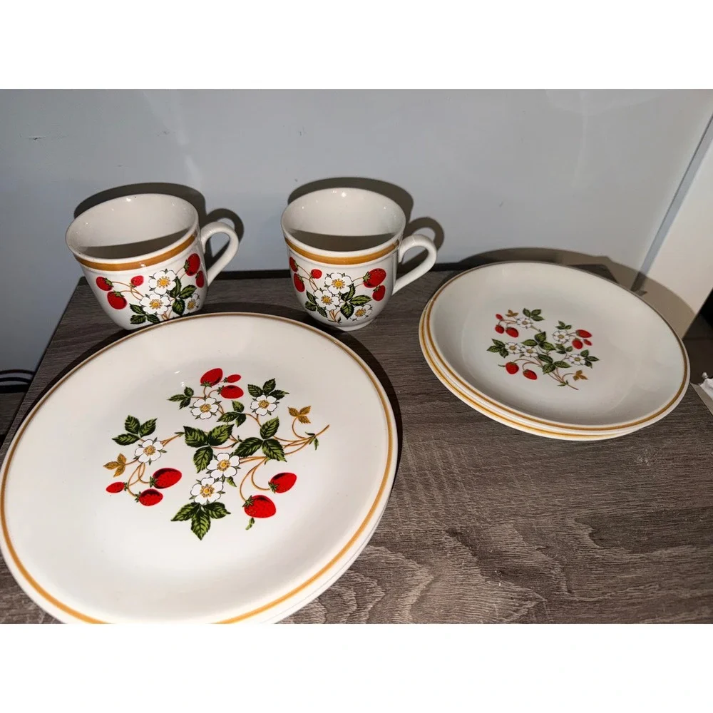 Vintage Strawberries n Cream Stoneware Japan 6 Piece Set Mugs Plates Cottagecore
